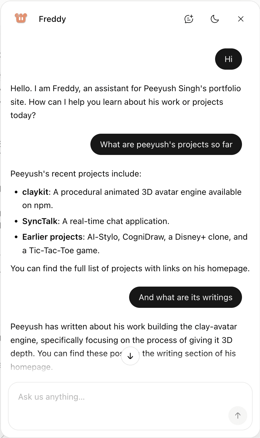 The Freddy widget open on this site, answering a visitor's question about Peeyush's projects and writing.